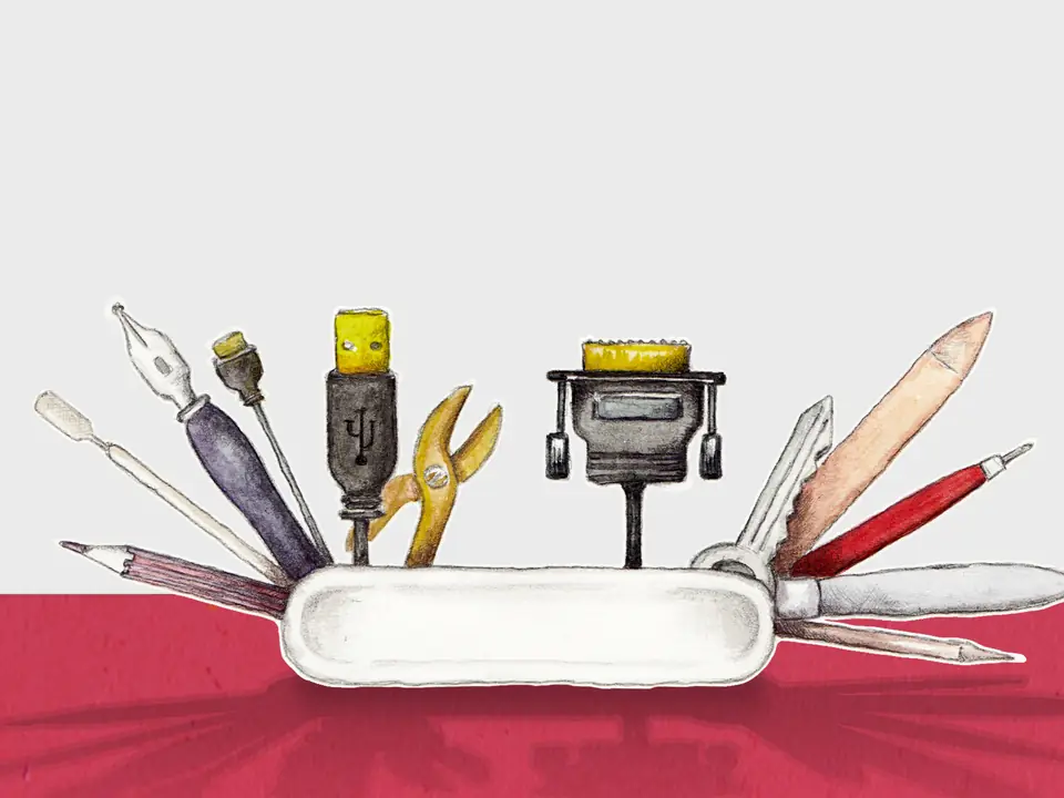 Illustration: Taschenmesser mit Werkzeugen für Programmierung und Gestaltung