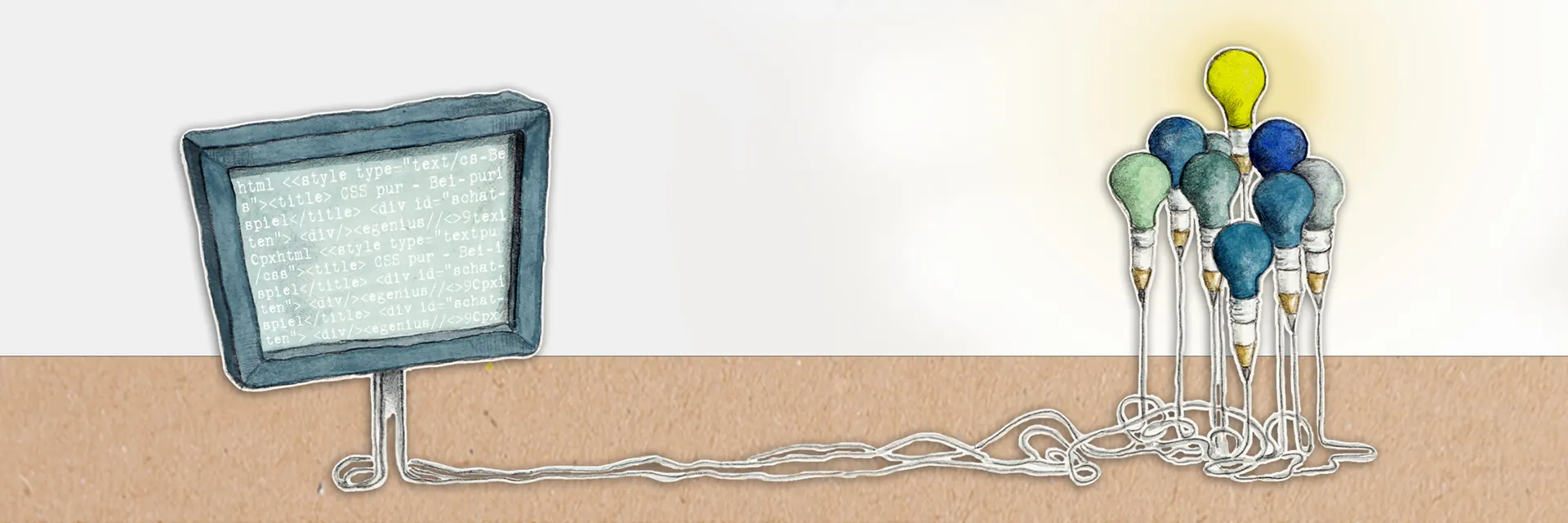 Illustration: Monitor, verbunden mit Ideen-Glühbirnen